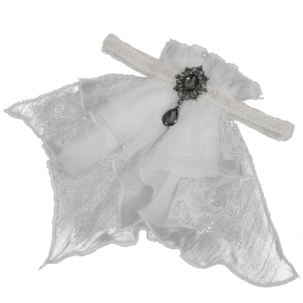 Vintage ladies' snow-white lace tie with brooch, perfect gothic accessory for stylish outfits.