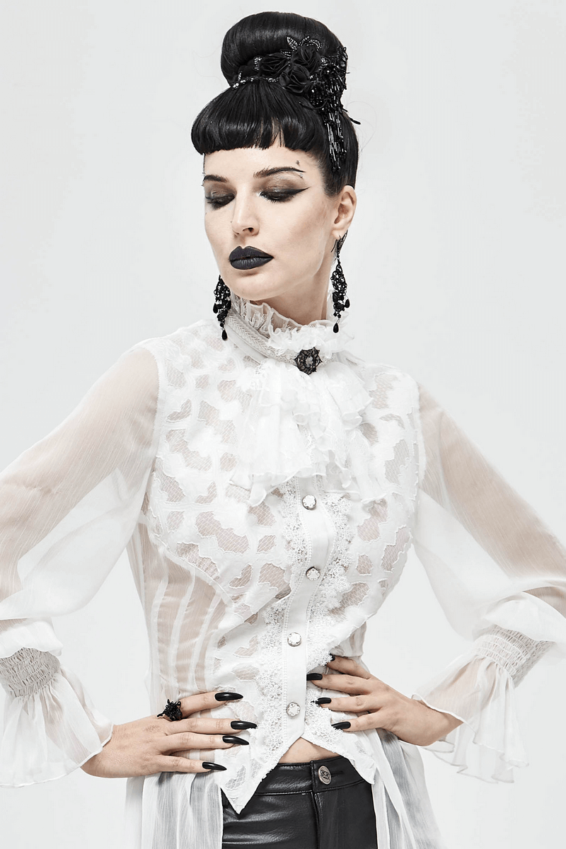 Vintage gothic style model in a white lace blouse with ruffles and brooch, showcasing alternative fashion accessories.