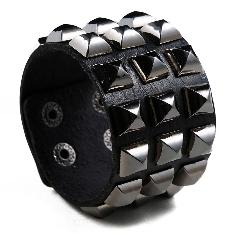 Vintage leather cuff bracelet with spikes in punk rock style for men and women, perfect for edgy accessories.