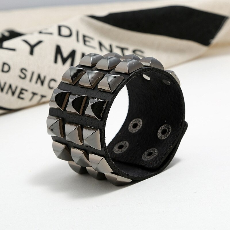 Vintage leather punk rock bracelet with spikes, unisex wide cuff accessory for bold style.