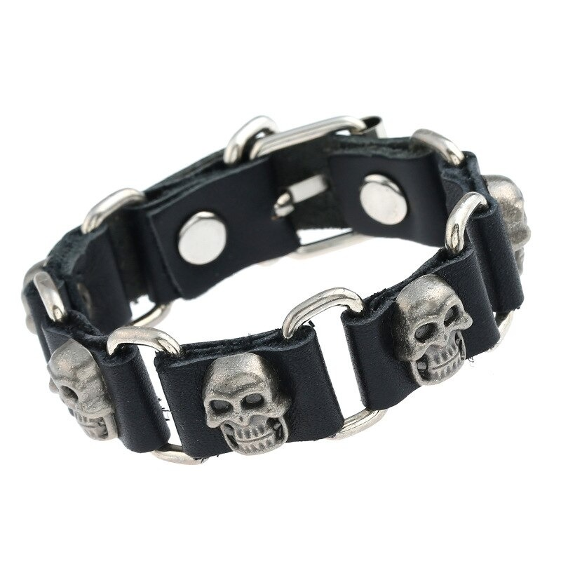 Vintage Leather Bracelet with Skulls / Cool Metal Jewelry in Punk style - HARD'N'HEAVY