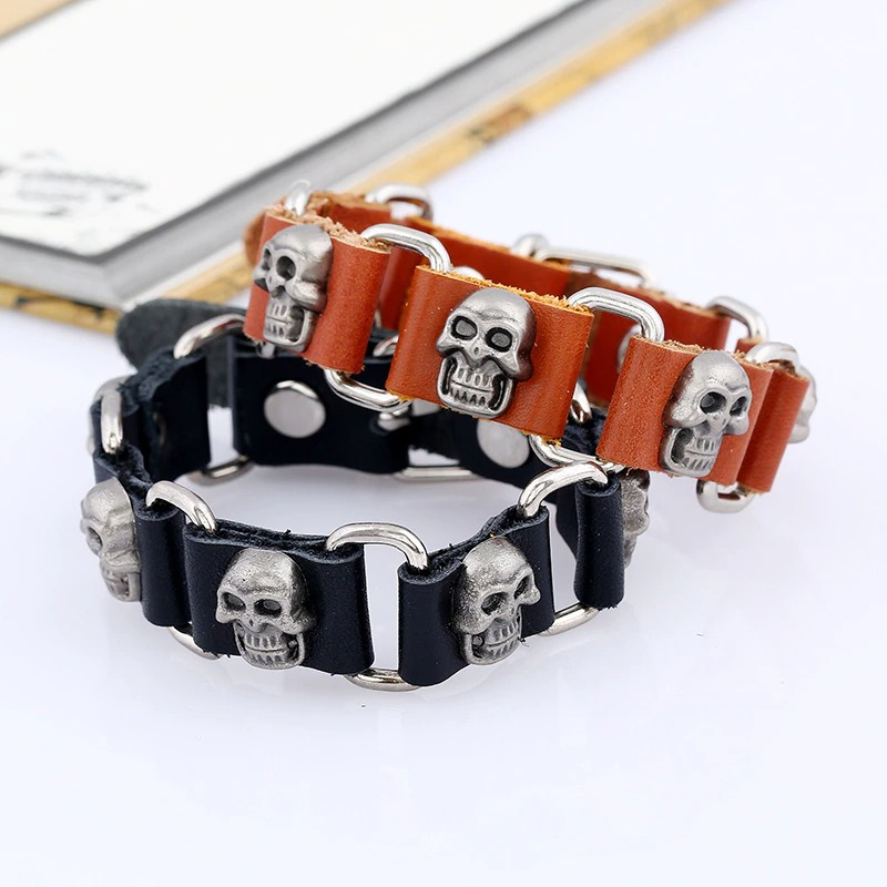 Vintage Leather Bracelet with Skulls / Cool Metal Jewelry in Punk style - HARD'N'HEAVY