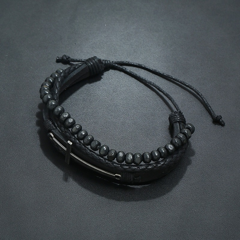 Vintage Leather Bracelets with Cross / Adjustable Wax Cord Bracelet in Rock Style - HARD'N'HEAVY