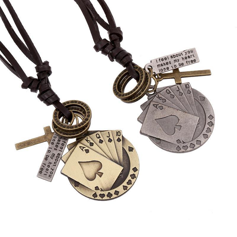 Vintage leather necklaces featuring metal poker card cross pendants, perfect for rock style jewelry lovers.