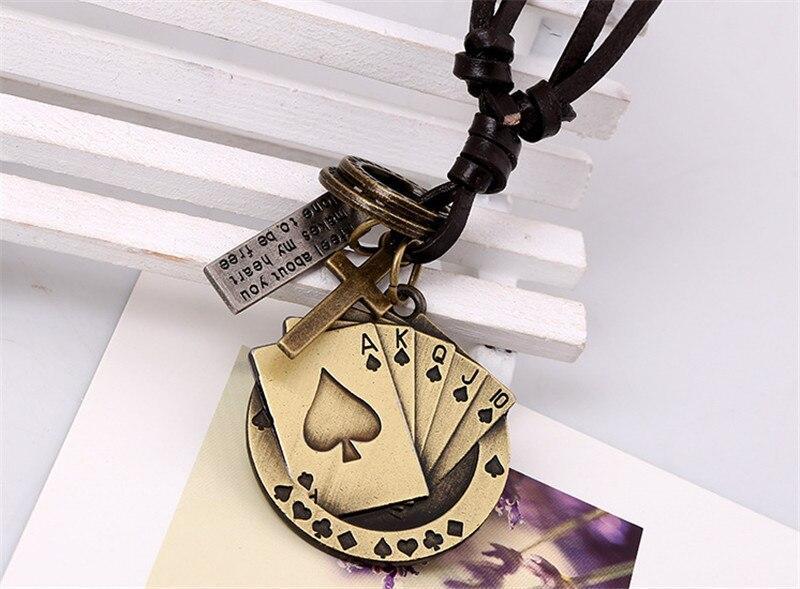 Vintage leather necklace with metal poker card cross pendant, perfect for rock style and cosplay accessories.