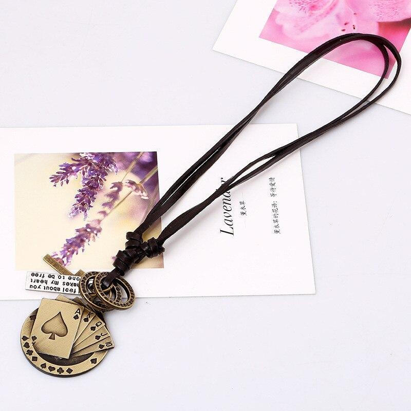 Vintage leather necklace with metal poker card cross pendant for rock style jewelry lovers.