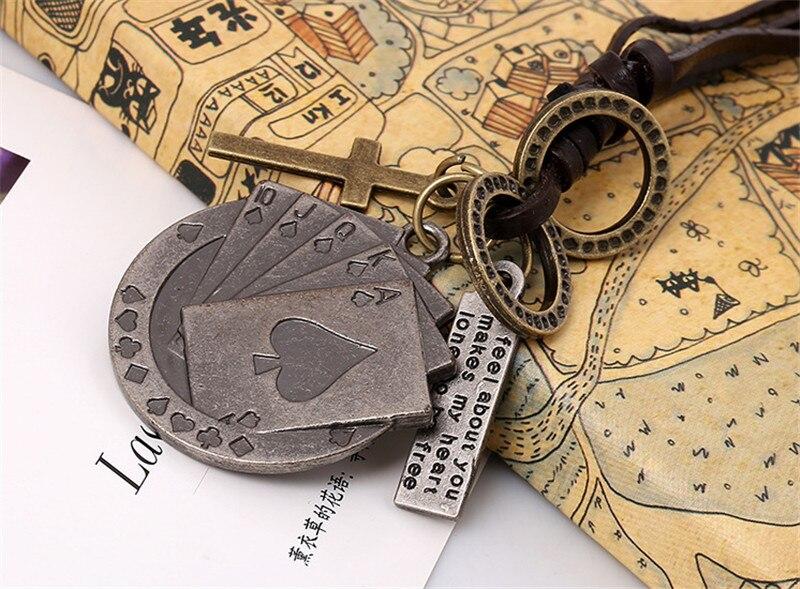 Vintage leather necklace with metal poker card cross pendant and unique detailing for rock style jewelry lovers.