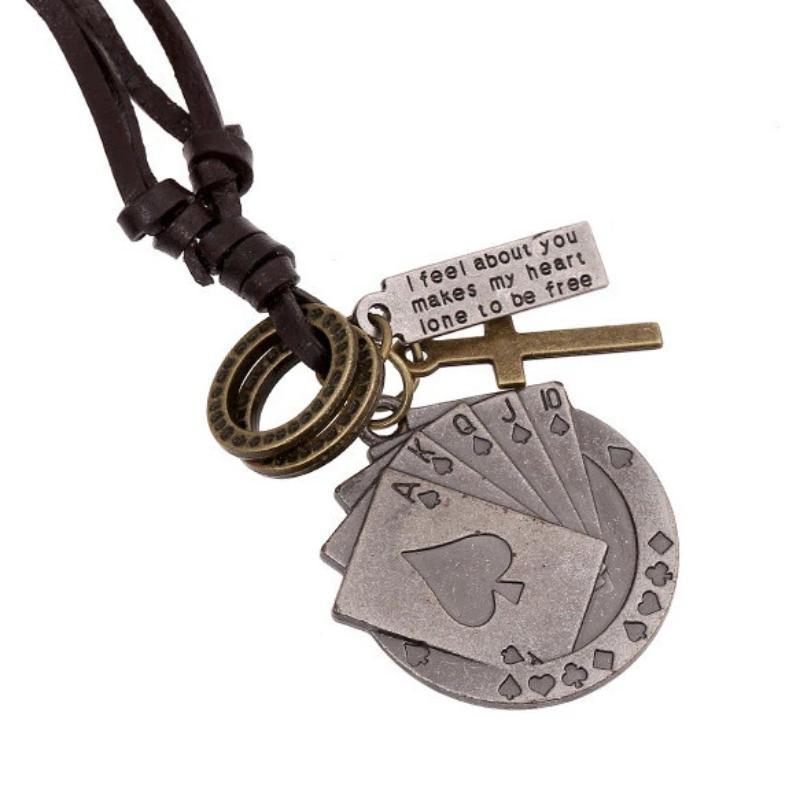 Vintage leather necklace with metal poker card cross pendant and message tag for rock style jewelry lovers.