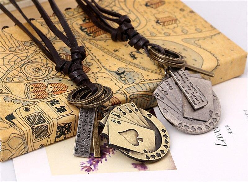 Vintage leather necklaces with metal poker card cross pendants, perfect for rock style jewelry lovers.