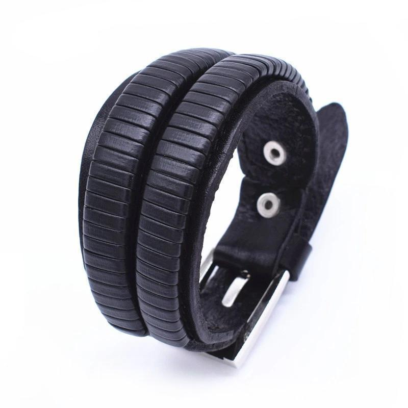 Vintage black leather double wide bracelet for men, featuring textured design and zinc alloy details. Perfect for any occasion.