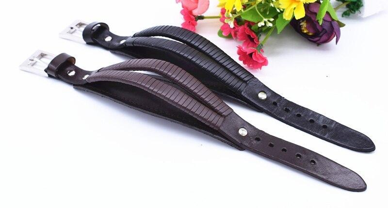 Vintage leaves bracelet in black and brown leather cuff with double safety clasps, perfect for men’s jewelry and accessories.