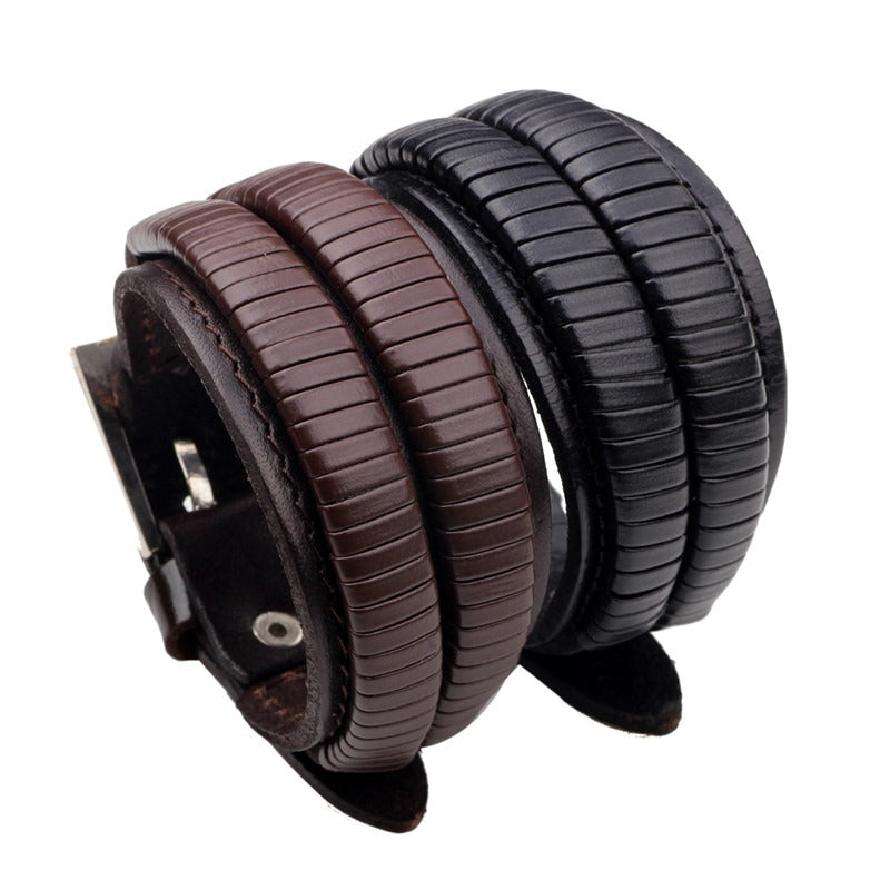 Vintage leaves bracelet for men featuring brown and black genuine leather cuffs, perfect for outdoor activities and parties.