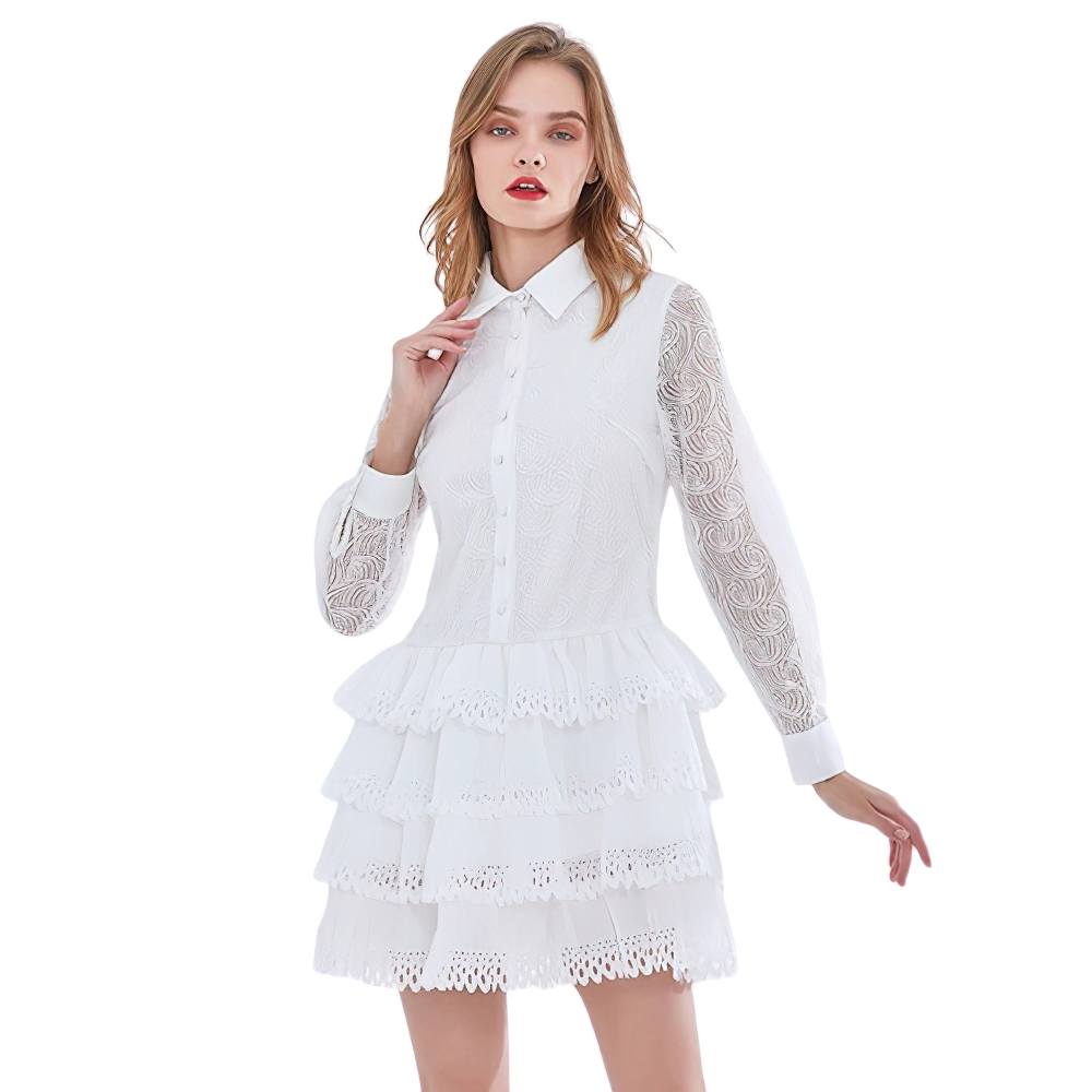 Stylish vintage white long sleeve dress with ruffles for women, perfect for creating a fresh new look.