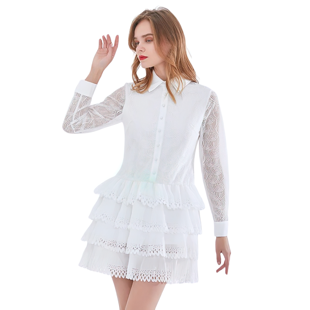 White vintage long sleeve dress with ruffles, perfect for women wanting a stylish new look.