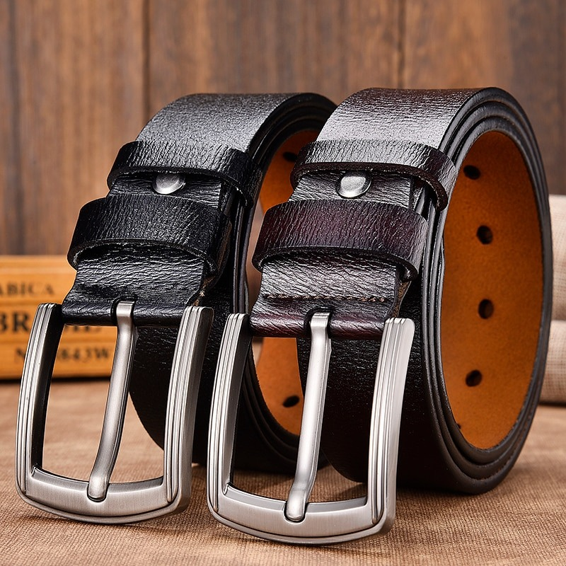 Unisex PU leather belts in black and brown with metal buckles, stylish casual accessory for men and women.