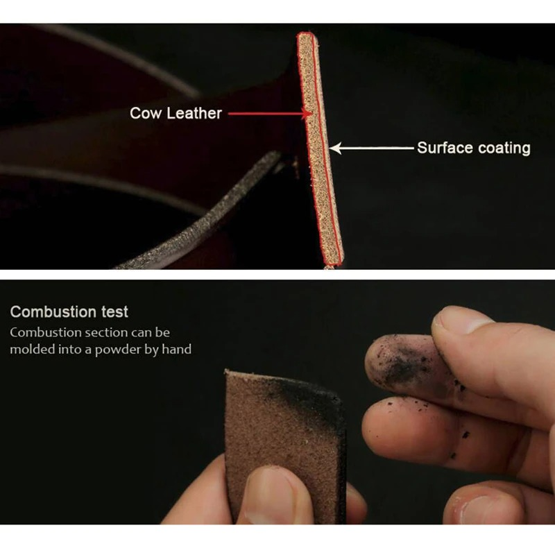 Close-up image showing cow leather layers and a combustion test demonstrating its quality and durability.