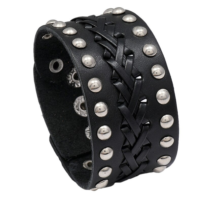Vintage male wide leather bracelet with silver rivets in punk rock style, featuring manual weave design.