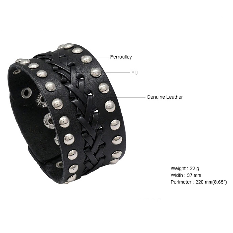 Vintage Male Genuine Leather Bracelet of Manual Weave / Wide Bangles in Punk Rock Style - HARD'N'HEAVY