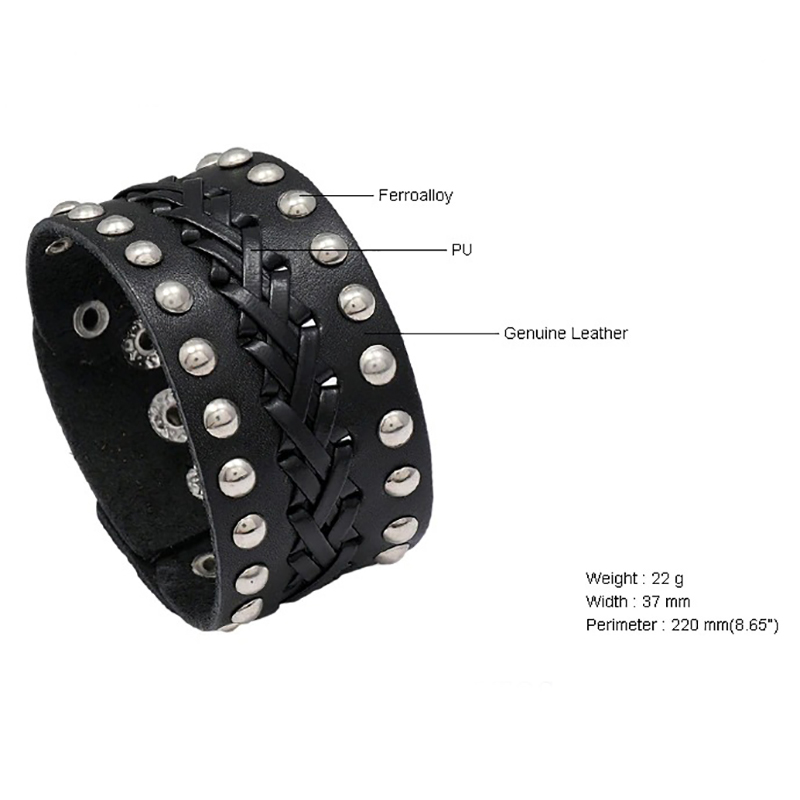 Black wide leather bracelet with silver rivets and woven design, perfect for punk rock style fashion.