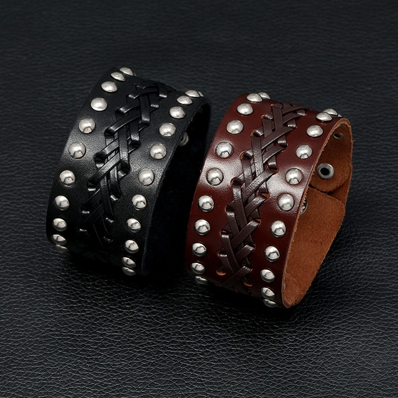 Vintage Male Genuine Leather Bracelet of Manual Weave / Wide Bangles in Punk Rock Style - HARD'N'HEAVY