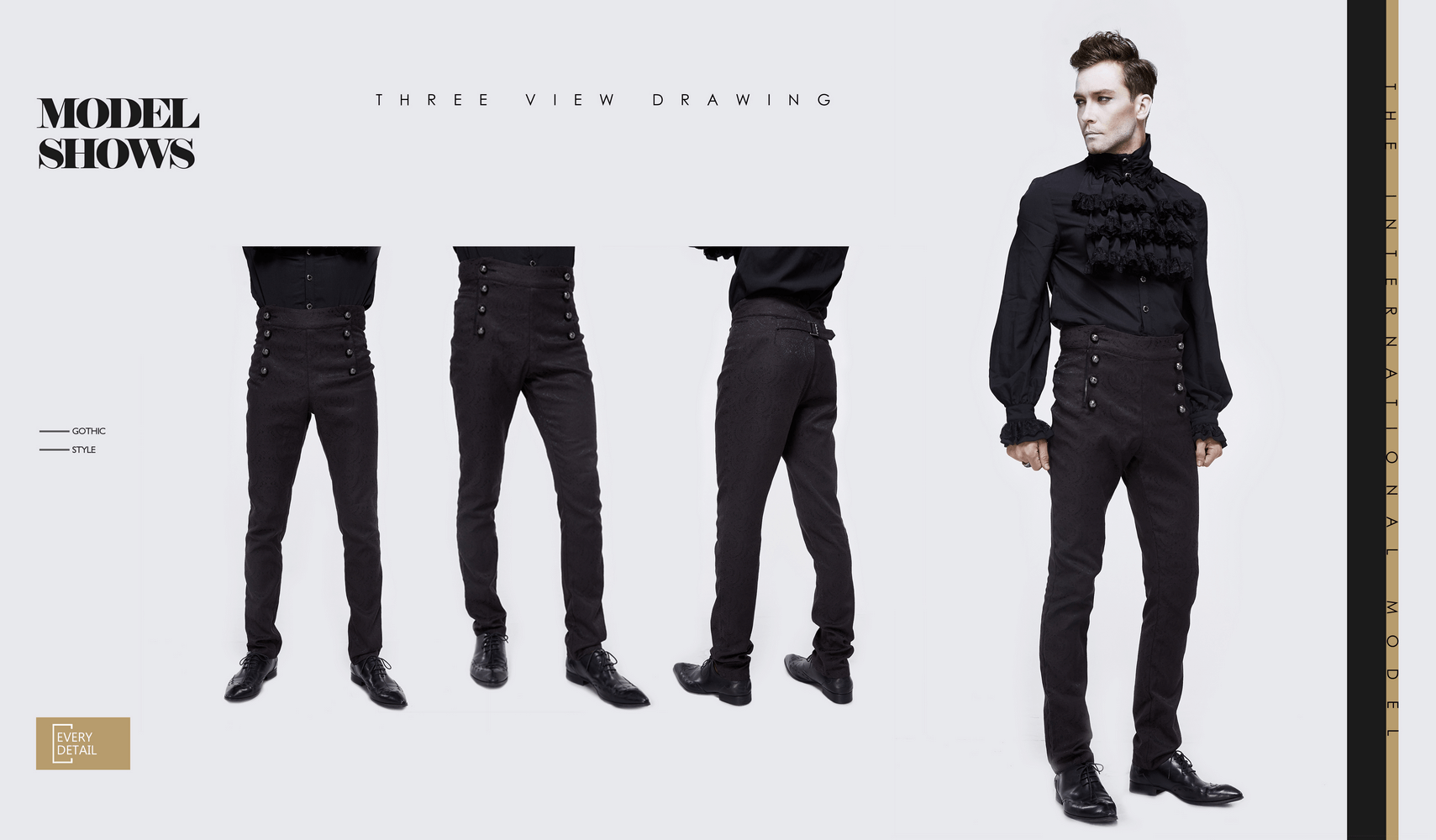 Three view drawing of vintage male slim high waist suit pants with designer black buttons, showcasing alternative style for men.