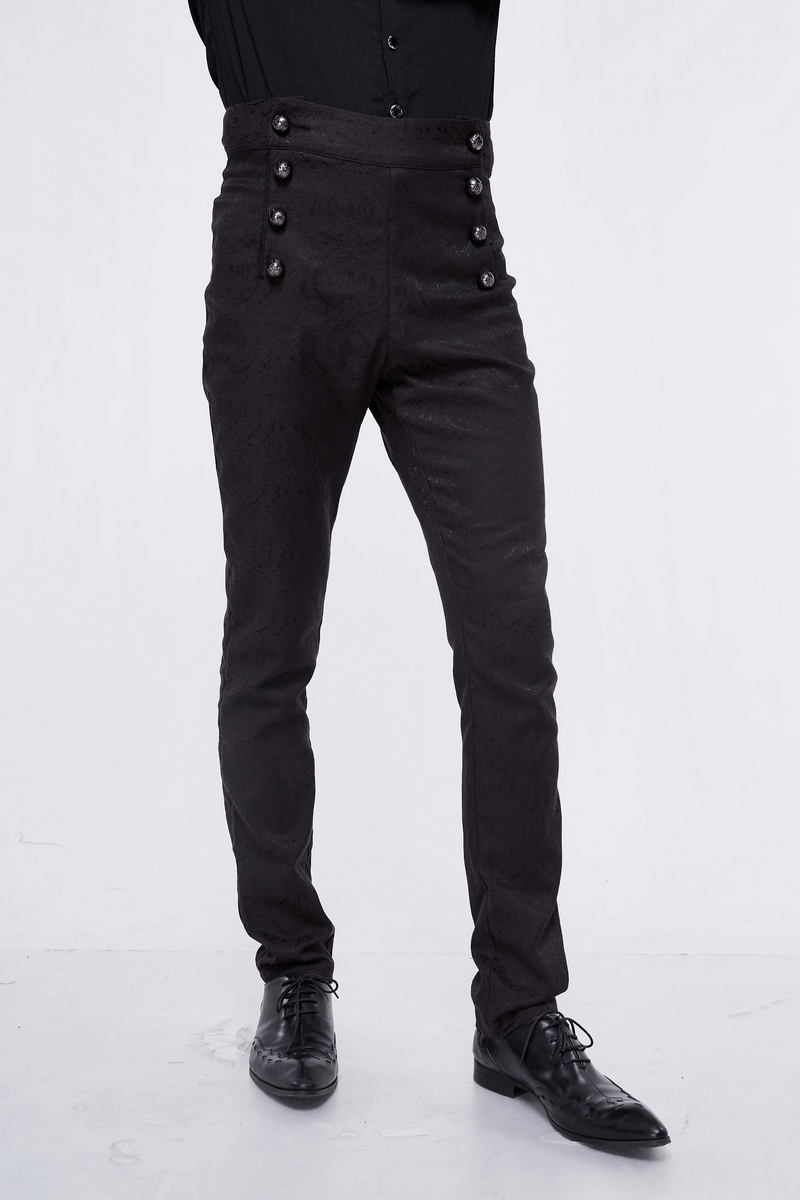 Men's vintage high-waist black slim pants with designer buttons, perfect for an alternative fashion statement.
