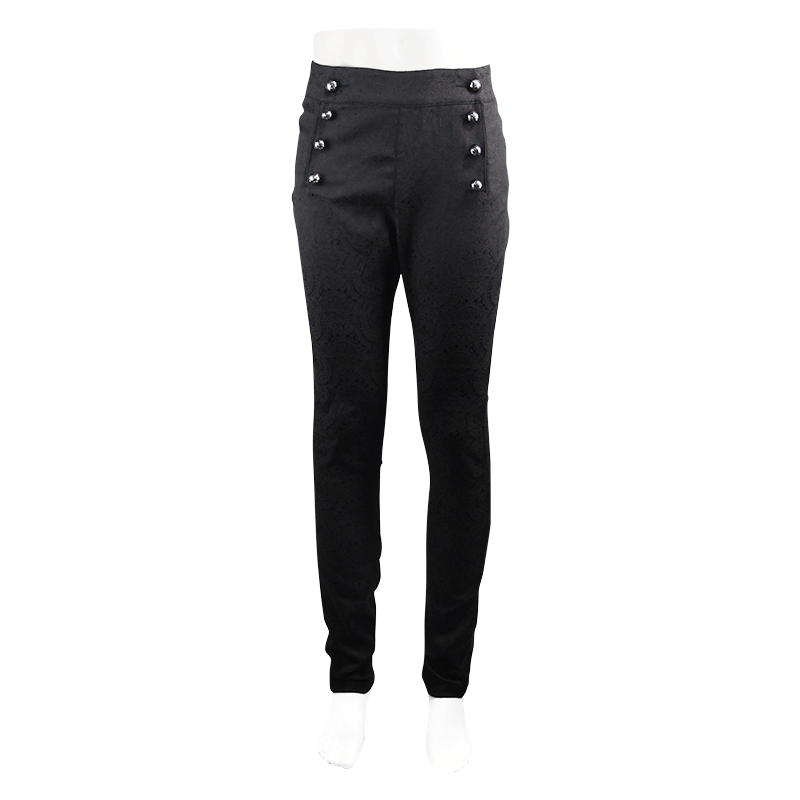 Vintage male slim high waist black trousers with designer buttons, perfect for an alternative style wardrobe.