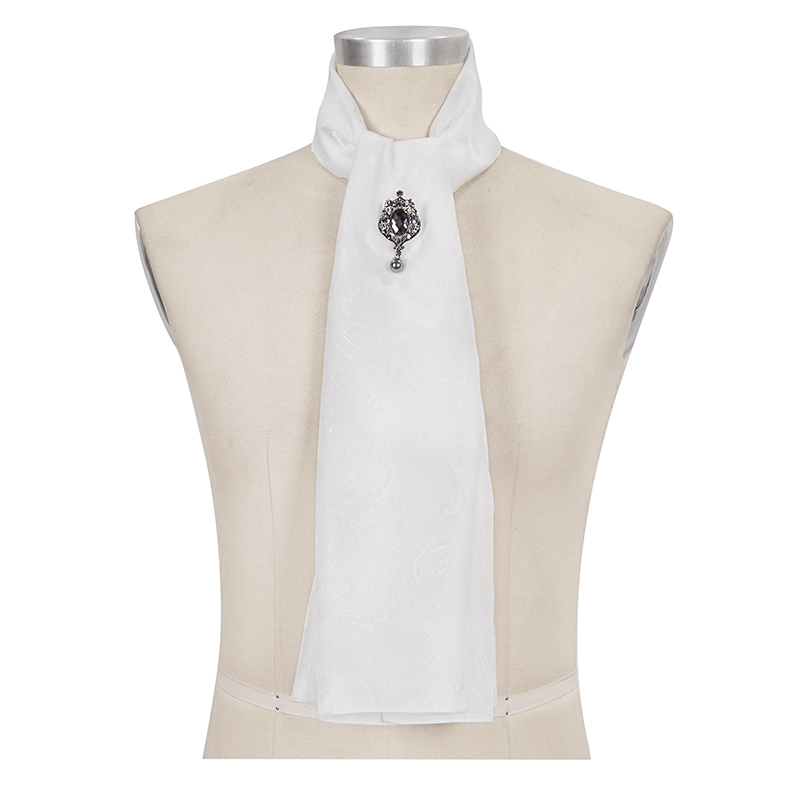 Vintage white tie with crystal brooch, a stylish gothic accessory for men's outfits.