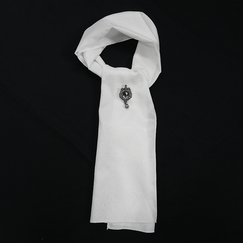 Vintage Male White Floral Printed & Crystal Stone Tie / Goth Men's Long Perform Ties - HARD'N'HEAVY