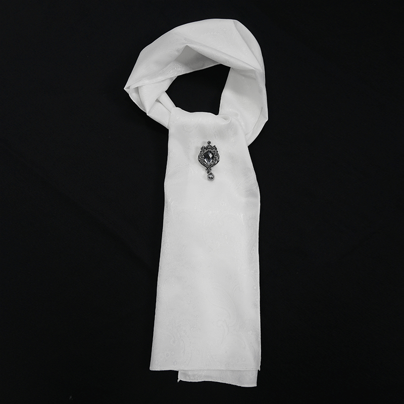 Vintage white floral printed tie with crystal brooch for gothic style men's fashion.