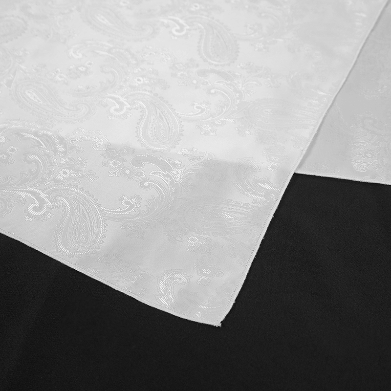 Elegant white paisley fabric detail, perfect for vintage gothic ties and accessories.