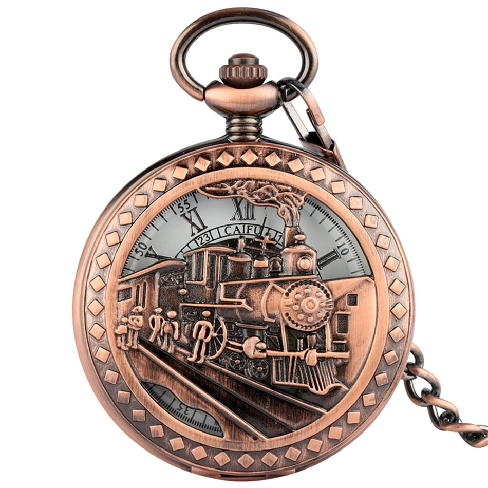 Vintage mechanical hand pocket watch with intricate train design in bronze, perfect antique timepiece gift.