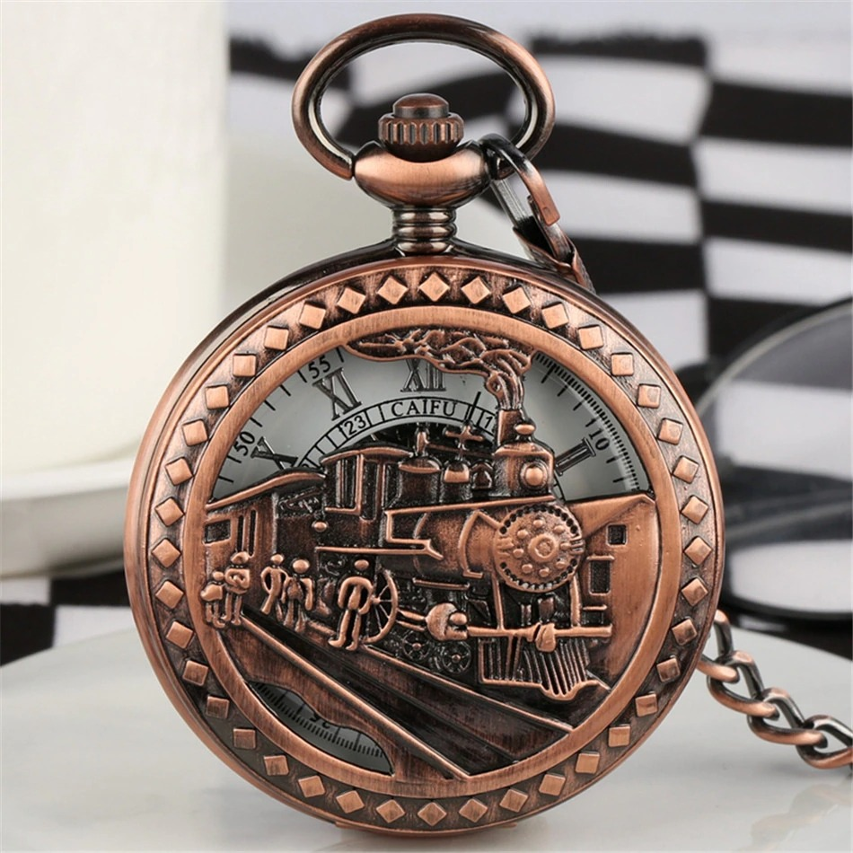 Vintage Mechanical Hand Pocket Watch with Train Pattern / Antique Clock Manual Mechanism Timepiece - HARD'N'HEAVY