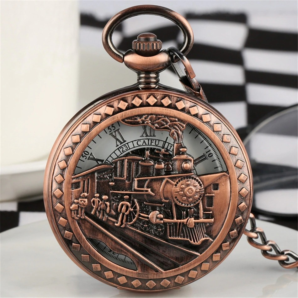 Vintage bronze pocket watch featuring intricate train design, perfect for collectors and as a thoughtful gift.