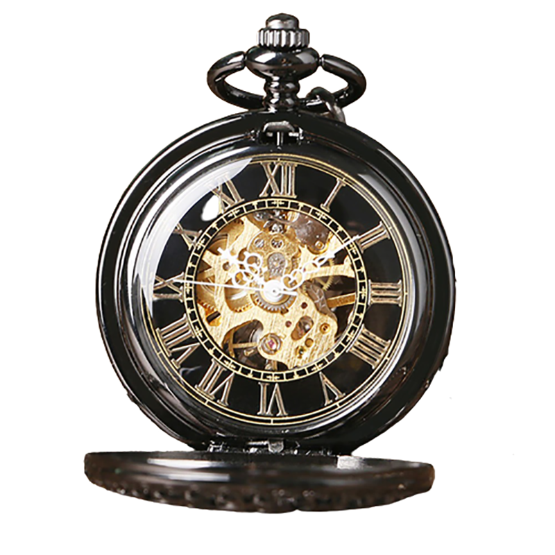 Vintage mechanical pocket watch with double cover and intricate golden gears, perfect retro accessory with a chain.