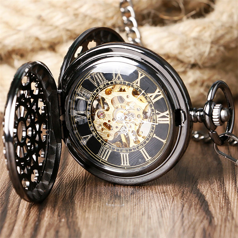 Vintage mechanical pocket watch with double cover and chain, showcasing a stylish retro design.