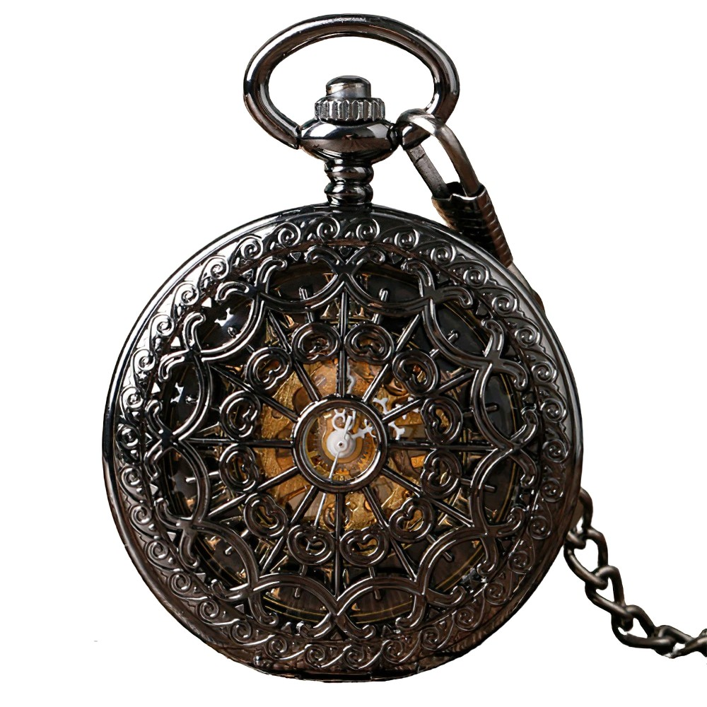 Vintage mechanical pocket watch with intricate design and chain, perfect retro accessory for men and women.