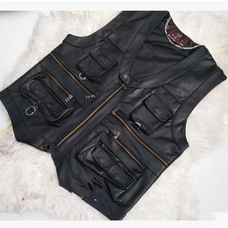 Men's vintage rock style leather biker vest with multiple pockets, perfect for adding edge to any outfit.