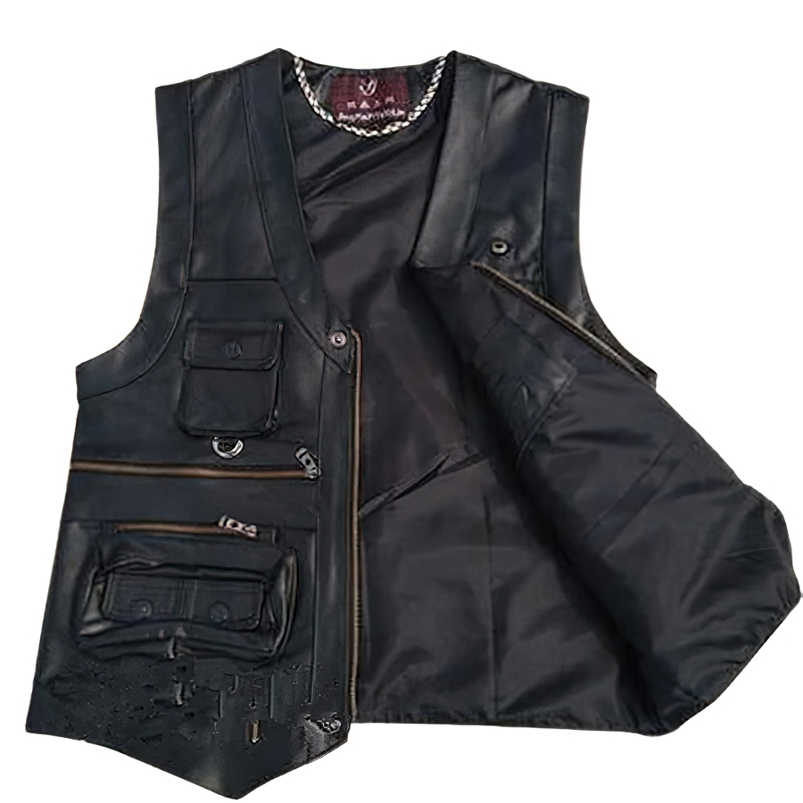 Men's vintage biker leather vest with multiple pockets and a stylish rock design, perfect for motorcycle enthusiasts.