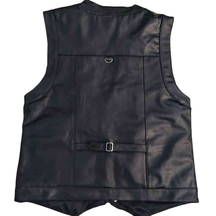 Back view of a Vintage Men's Biker Leather Vest, sleeveless, featuring multiple pockets and a stylish rock design.