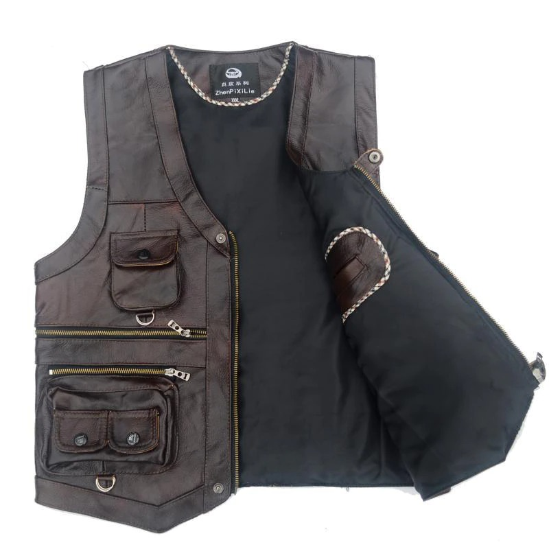 Vintage men's biker leather vest with pockets, perfect for rock style outfits, front zip design, a must-have for motorcycle enthusiasts.