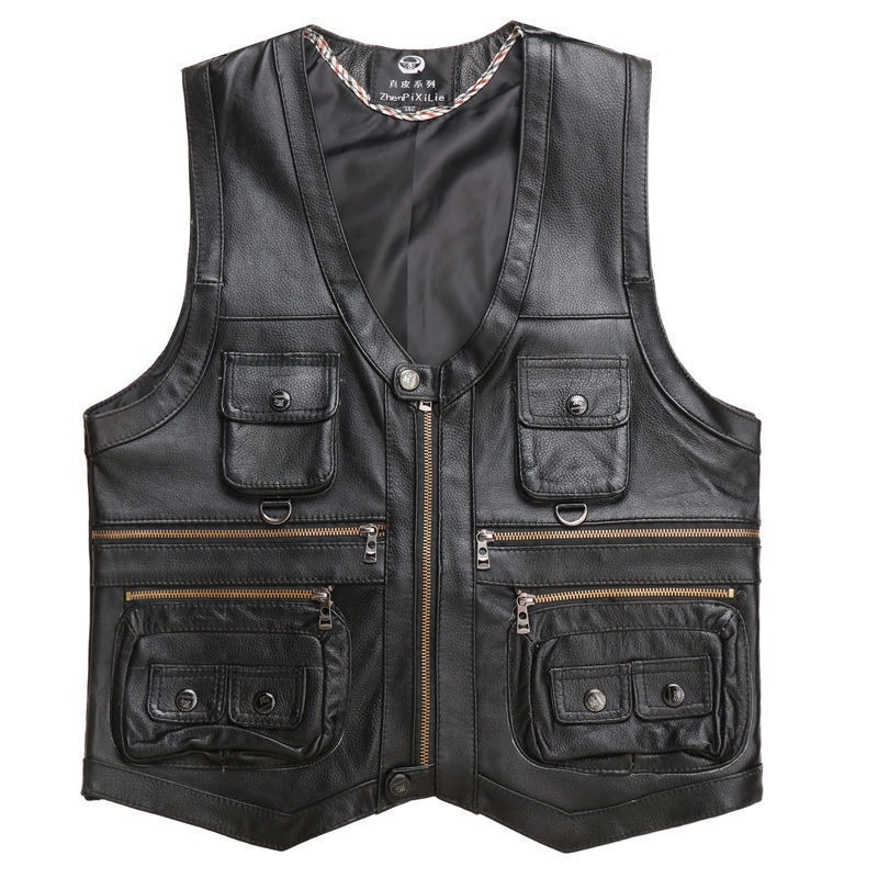 Men's vintage rock leather vest with multiple pockets and front zipper, perfect for a biker style.