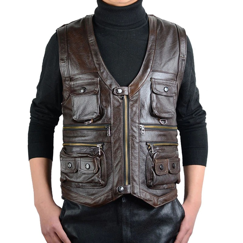 Vintage men's biker leather vest in brown with multiple pockets, perfect for rock style outfits.