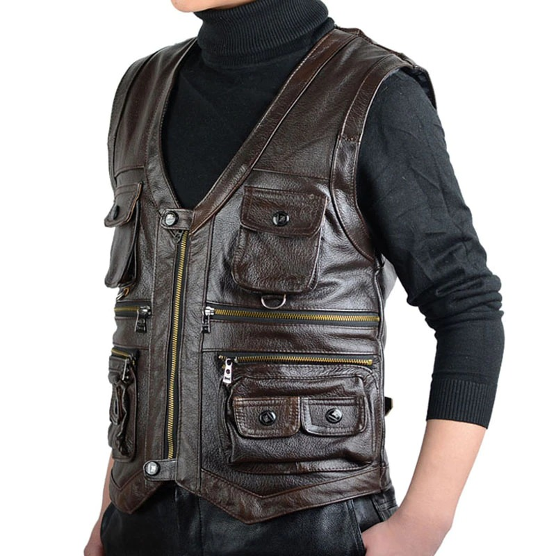 Vintage men's biker leather vest with pockets, stylish sleeveless design for rock enthusiasts.