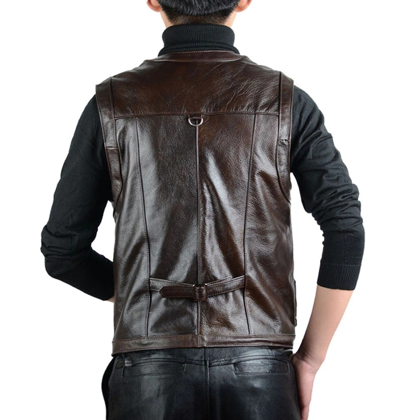 Vintage men's leather biker vest from the back, showcasing genuine leather and stylish rock design.