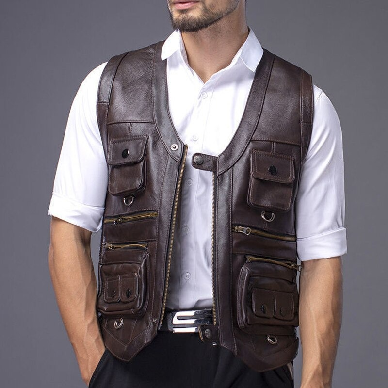 Vintage Men Biker's Leather Vest with Pockets / Motorcycle Vest in Rock Style - HARD'N'HEAVY