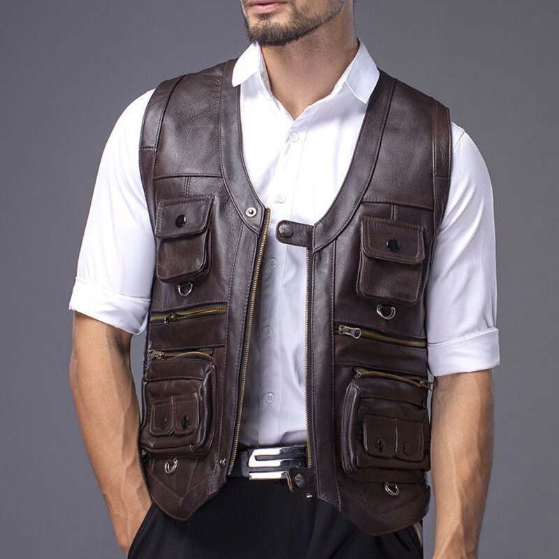 Vintage men's leather biker vest with pockets, perfect for rock-style motorcycle outfits.