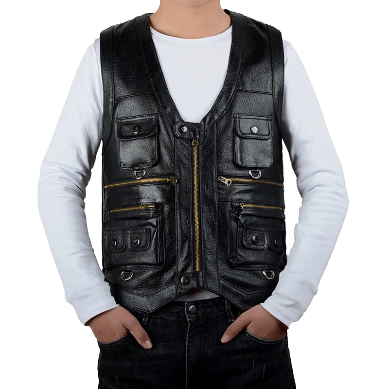 Men's vintage biker leather vest with pockets, front zip, perfect for a rock style outfit.