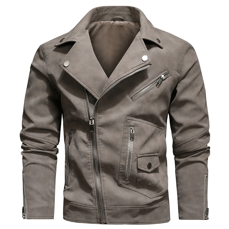 Vintage men's PU leather biker jacket with zippers on sleeves, stylish and trendy for motorcycle enthusiasts.