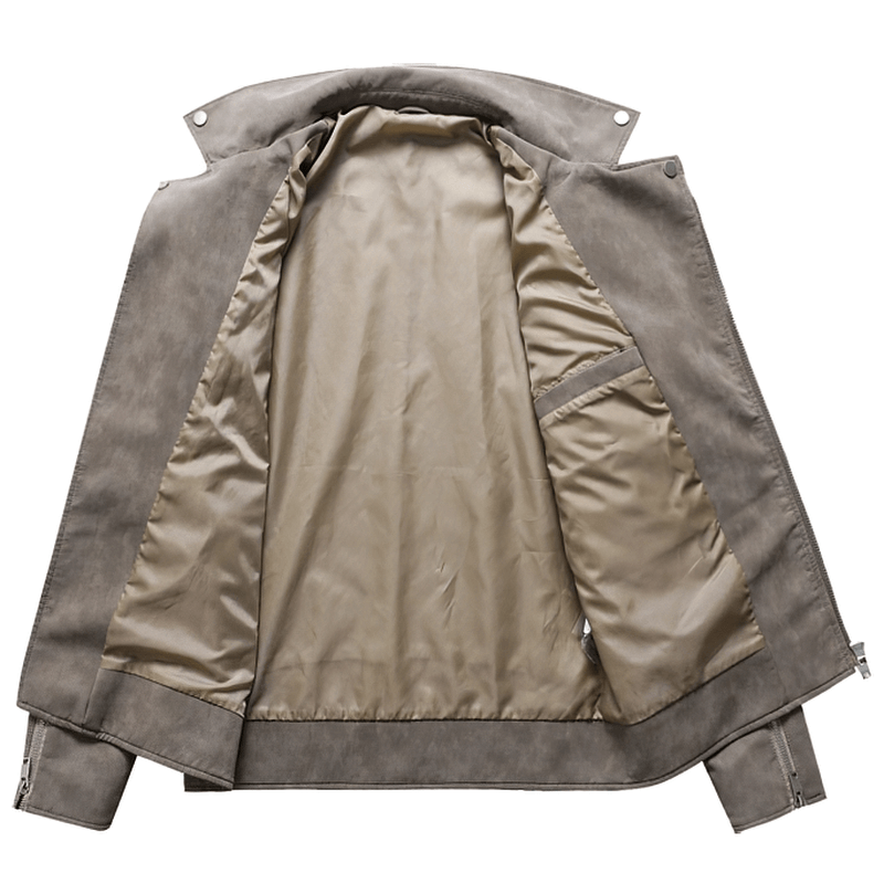 Interior view of a vintage men's PU leather biker jacket with smooth lining and pockets.